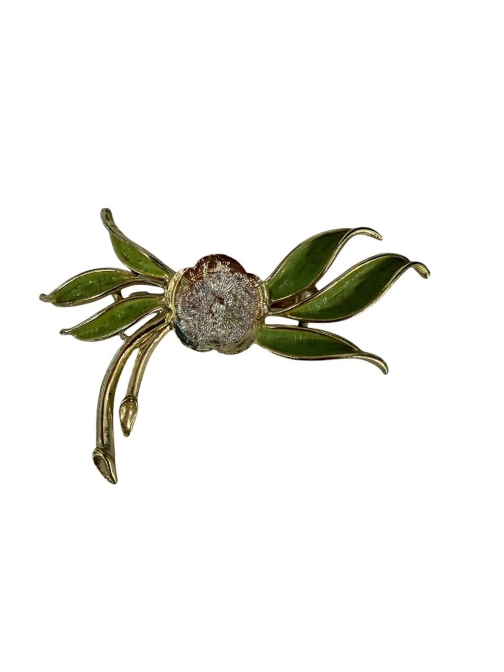 Vintage 1960s 1970s Green Enamel Floral Spray Brooch Gold Tone 3 Inch